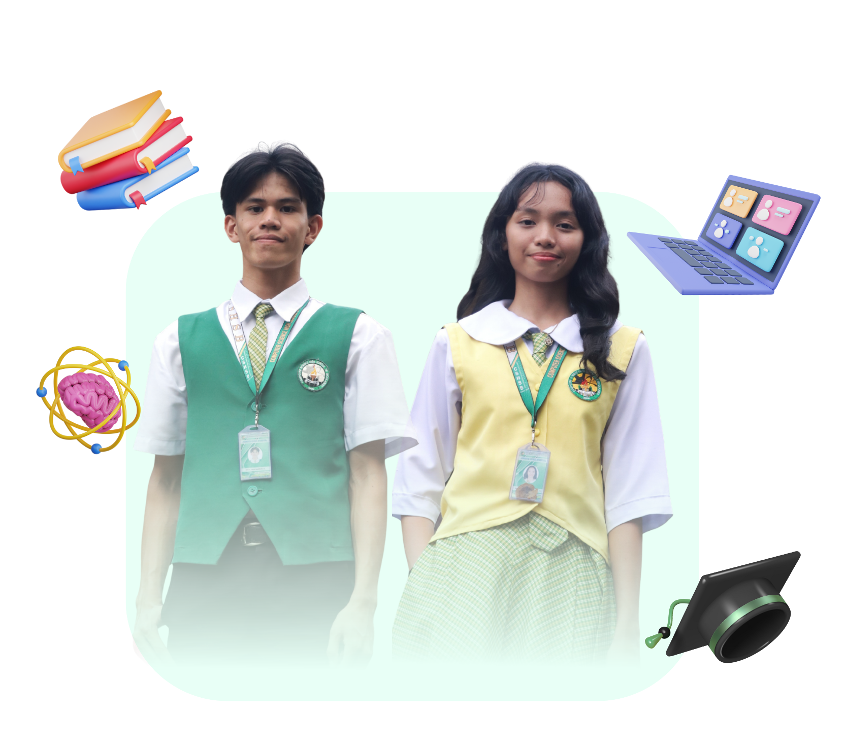 Male and female students of CSHSB in their official school uniforms, surrounded by educational and technology icons.